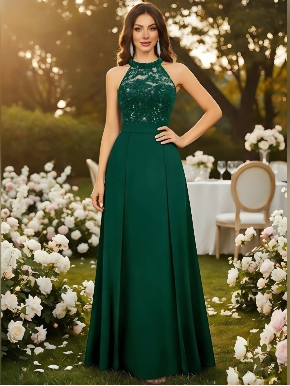 Emerald Green Formal Maxi Dress Size M NWT Lace Sequin Halter